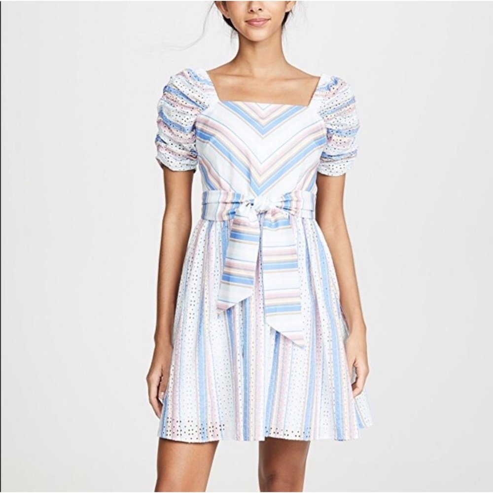 Shoshanna Perle Eyelet Striped Puff Sleeve Dress with Waist Tie